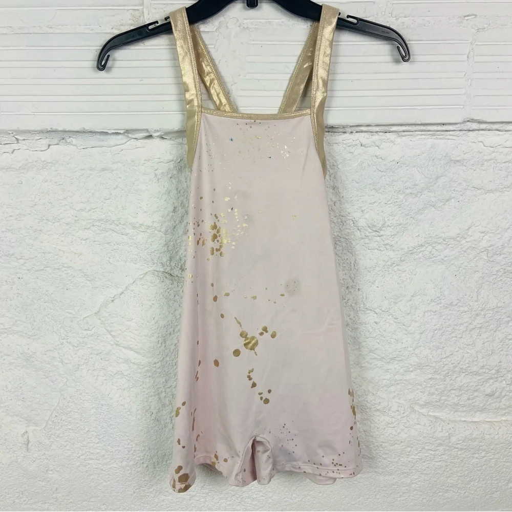 Justice light pink and golden splatter print stretch gymnastics, Roper onesie XL